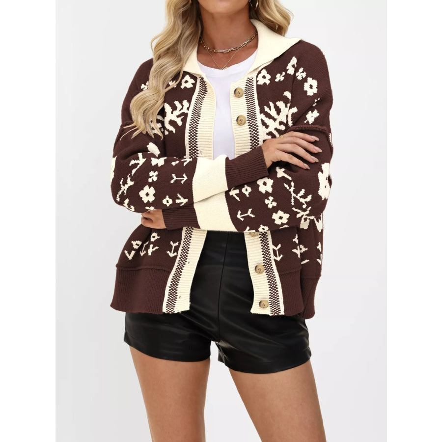 Floral Pattern Knit Cardigan with Contrast Collar Apparel and Accessories