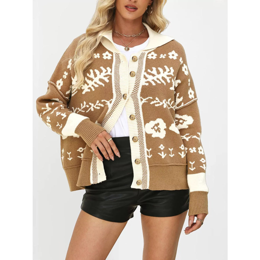 Floral Pattern Knit Cardigan with Contrast Collar Apparel and Accessories
