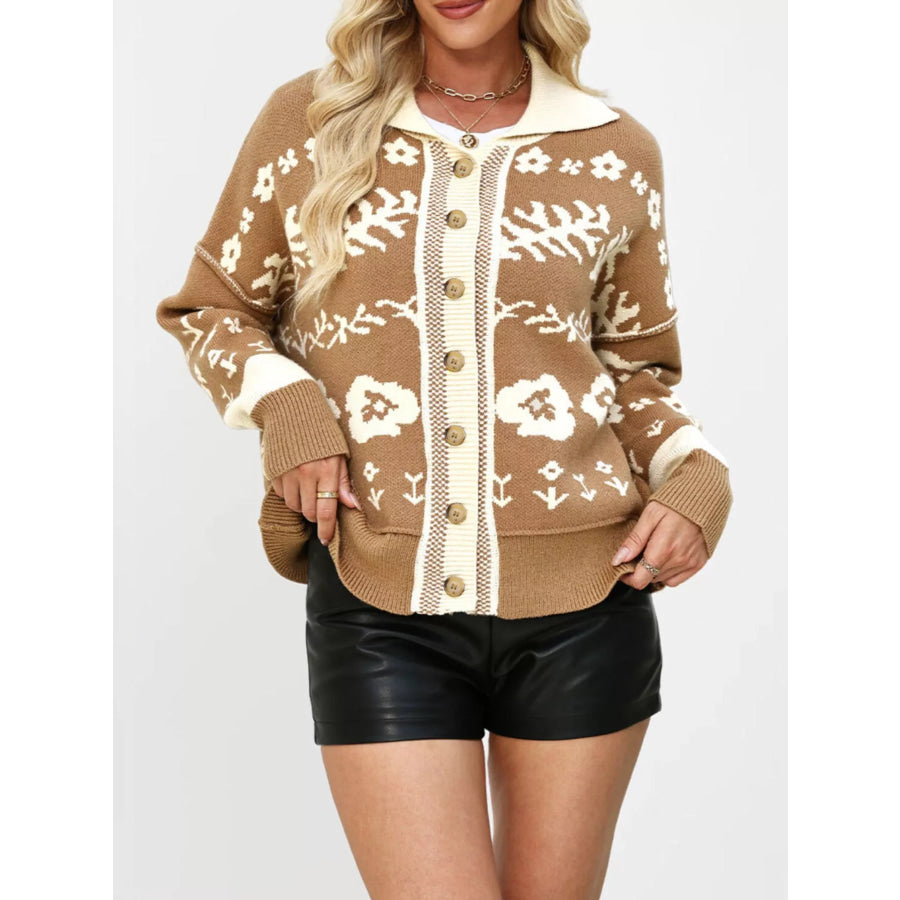 Floral Pattern Knit Cardigan with Contrast Collar Apparel and Accessories