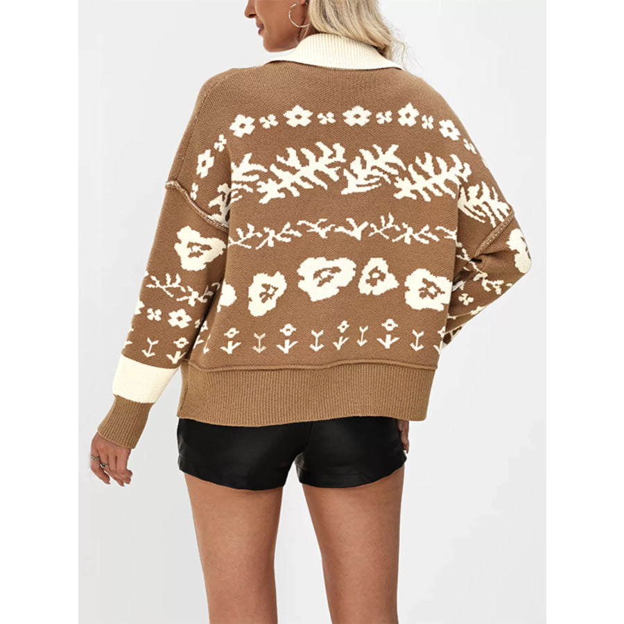 Floral Pattern Knit Cardigan with Contrast Collar Apparel and Accessories