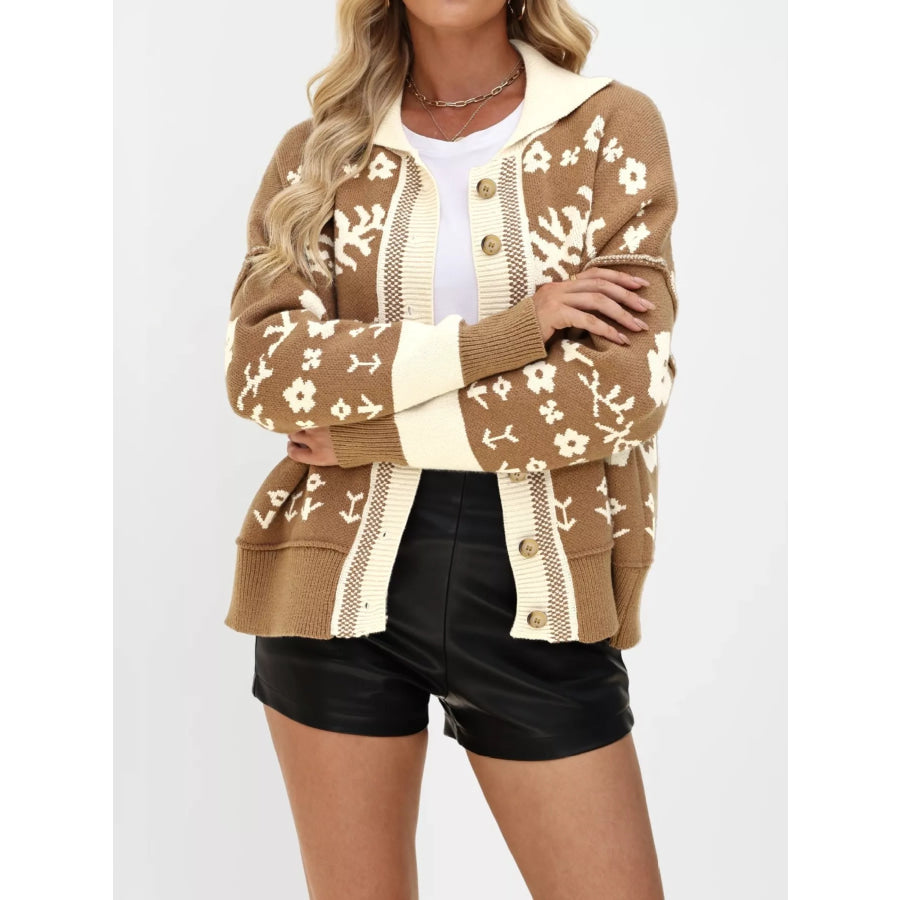 Floral Pattern Knit Cardigan with Contrast Collar Apparel and Accessories