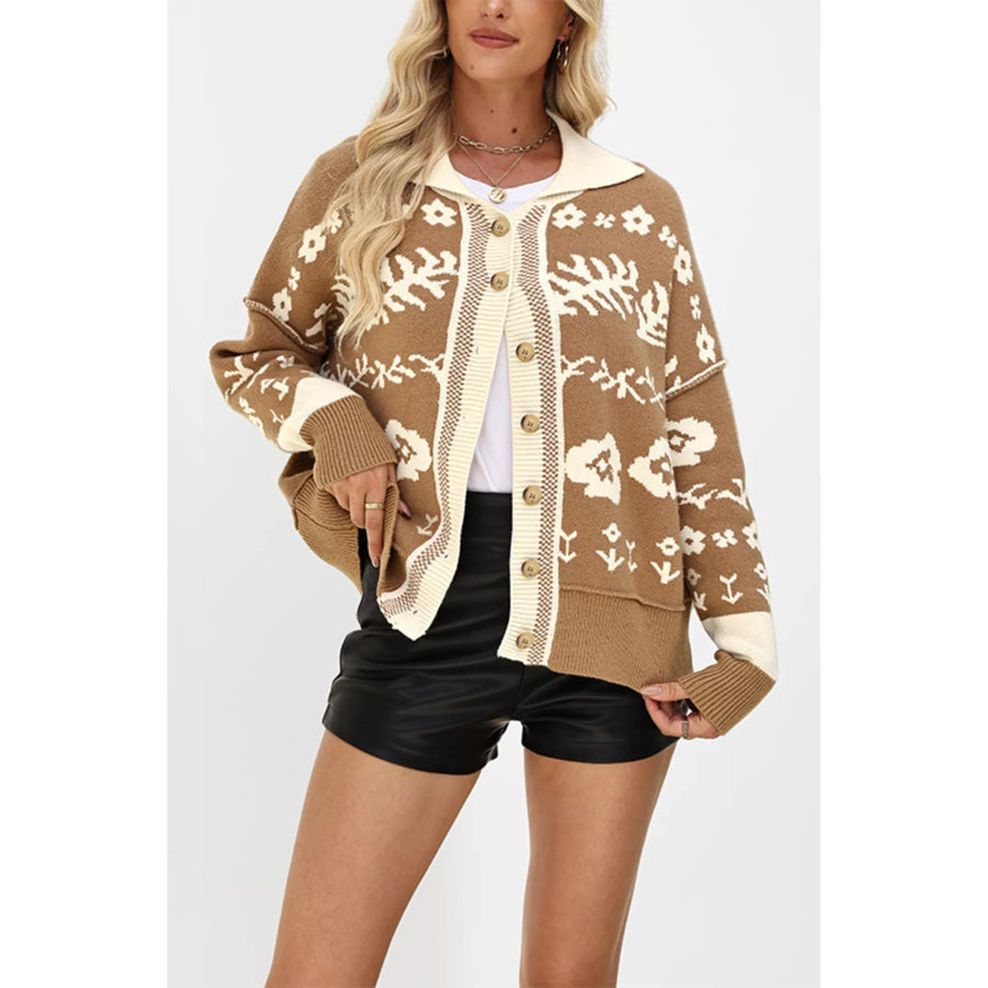Floral Pattern Knit Cardigan with Contrast Collar Apparel and Accessories