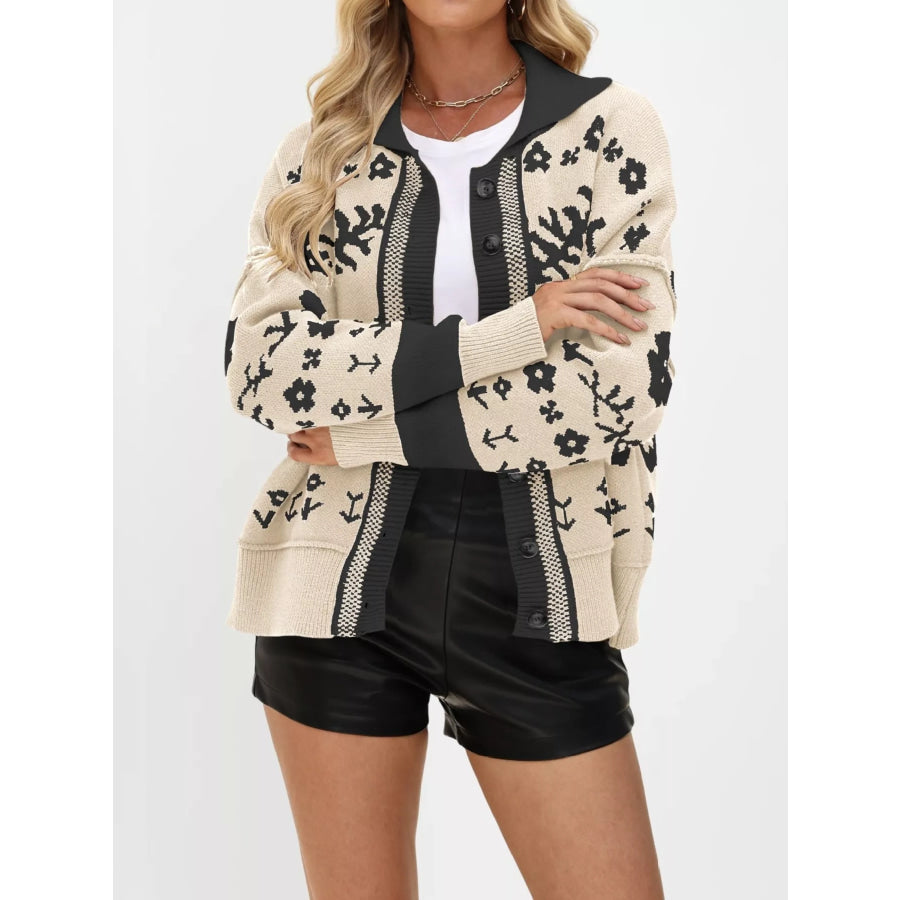 Floral Pattern Knit Cardigan with Contrast Collar Apricot / S Apparel and Accessories