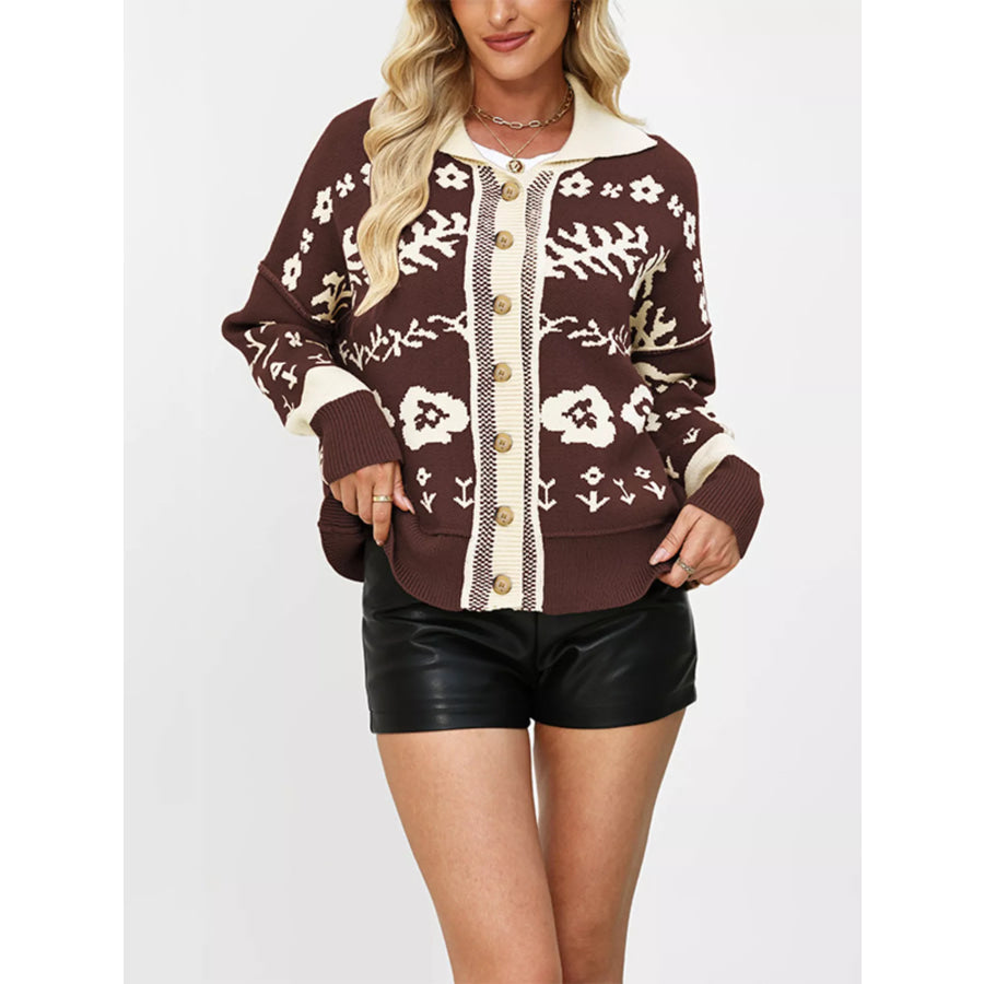 Floral Pattern Knit Cardigan with Contrast Collar Brown / S Apparel and Accessories