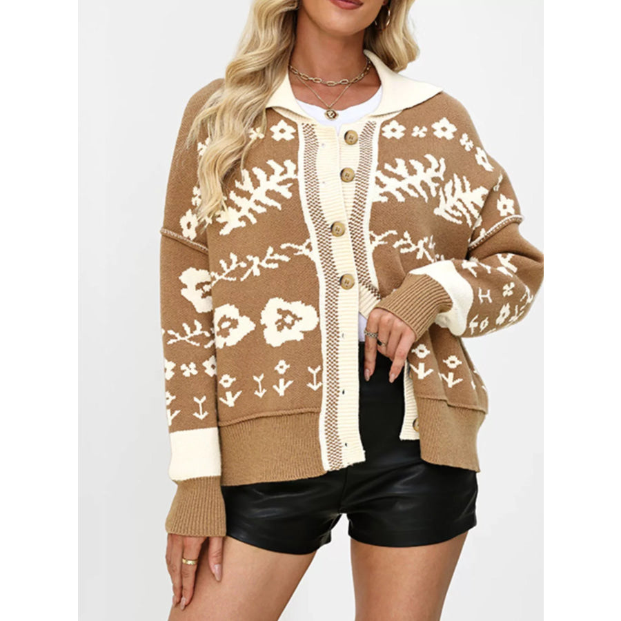 Floral Pattern Knit Cardigan with Contrast Collar Khaki / S Apparel and Accessories