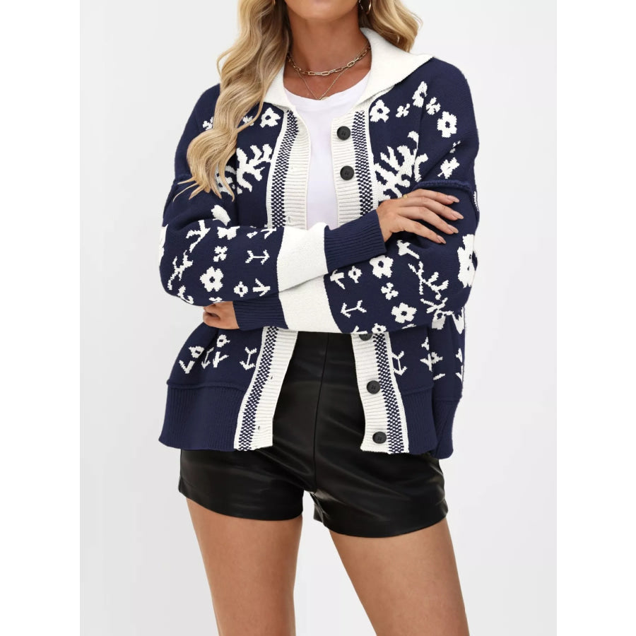 Floral Pattern Knit Cardigan with Contrast Collar Royal Blue / S Apparel and Accessories
