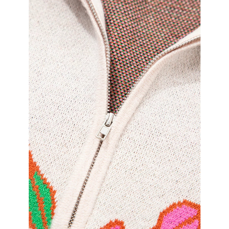 Floral Pattern Knit Quarter Zip Stand Neck Sweater Apparel and Accessories