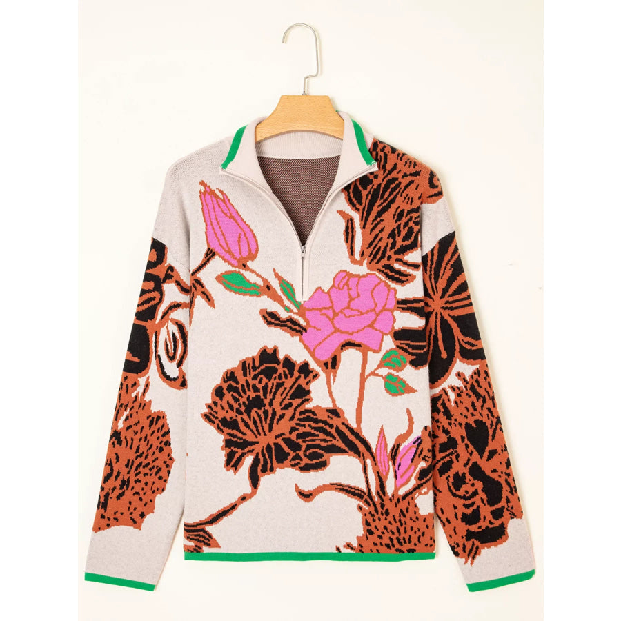 Floral Pattern Knit Quarter Zip Stand Neck Sweater Apparel and Accessories