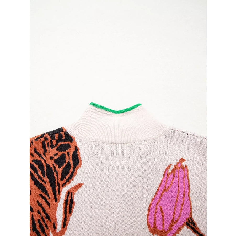 Floral Pattern Knit Quarter Zip Stand Neck Sweater Apparel and Accessories