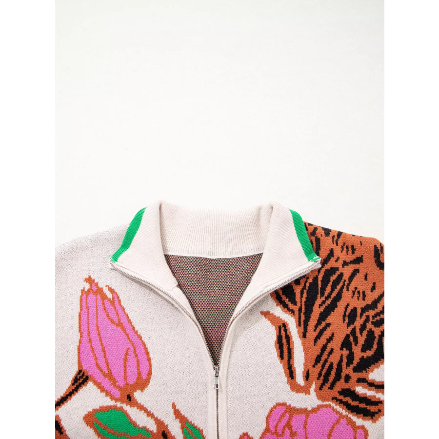Floral Pattern Knit Quarter Zip Stand Neck Sweater Apparel and Accessories