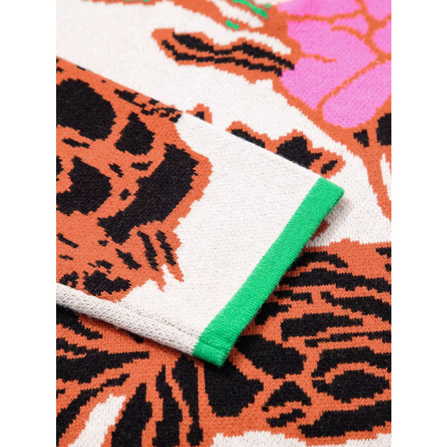 Floral Pattern Knit Quarter Zip Stand Neck Sweater Apparel and Accessories