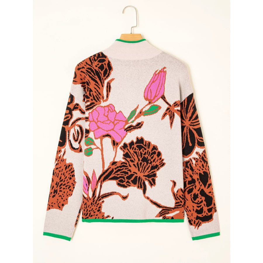 Floral Pattern Knit Quarter Zip Stand Neck Sweater Apparel and Accessories