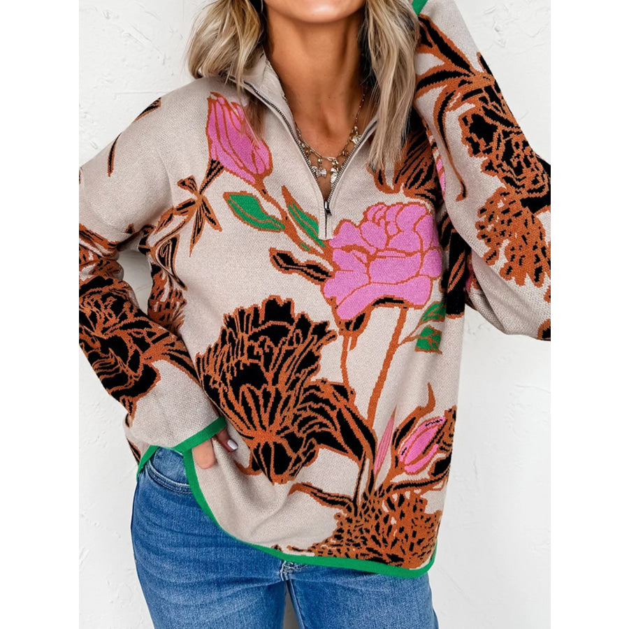 Floral Pattern Knit Quarter Zip Stand Neck Sweater / S Apparel and Accessories