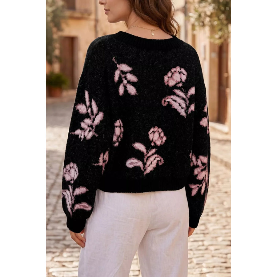 Floral Pattern Puff Sleeve Dropped Shoulder Pullover Sweater Apparel and Accessories