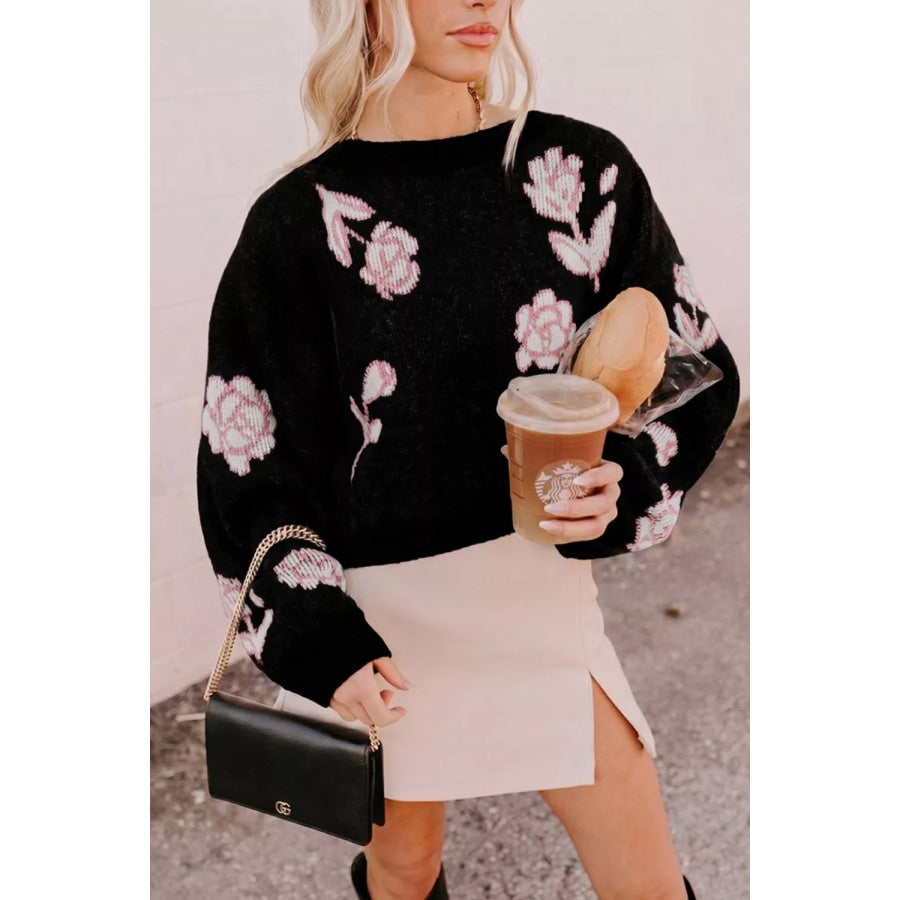 Floral Pattern Puff Sleeve Dropped Shoulder Pullover Sweater Apparel and Accessories