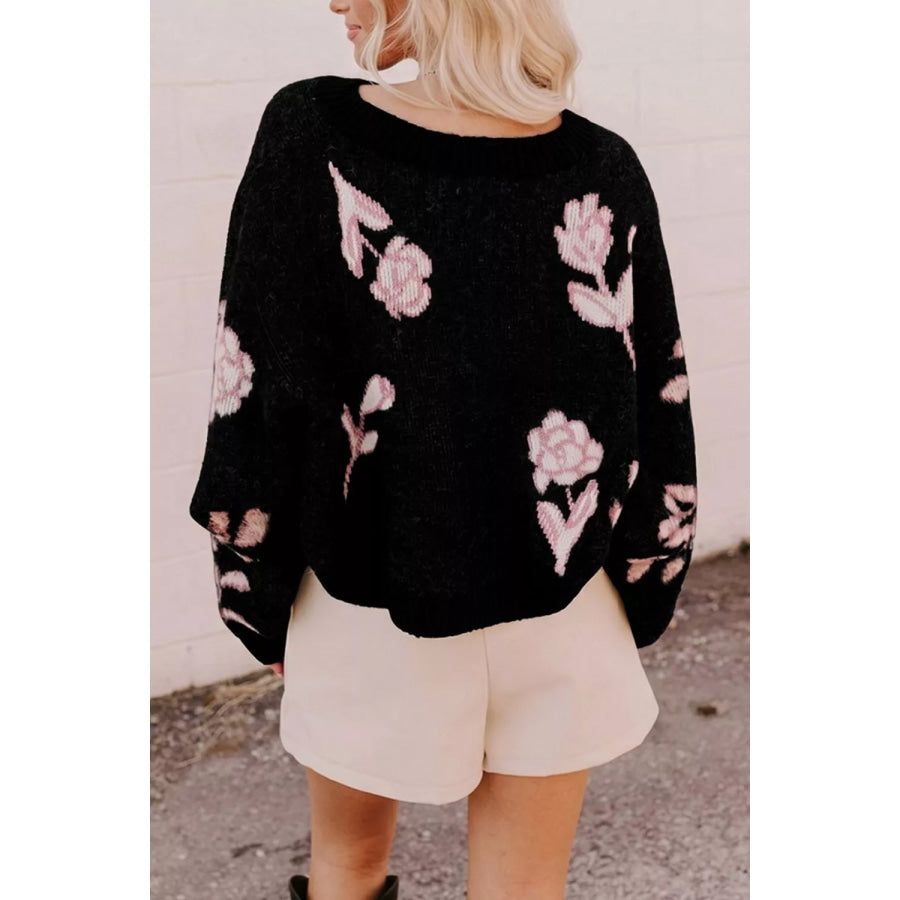 Floral Pattern Puff Sleeve Dropped Shoulder Pullover Sweater Apparel and Accessories