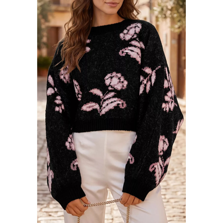 Floral Pattern Puff Sleeve Dropped Shoulder Pullover Sweater Apparel and Accessories