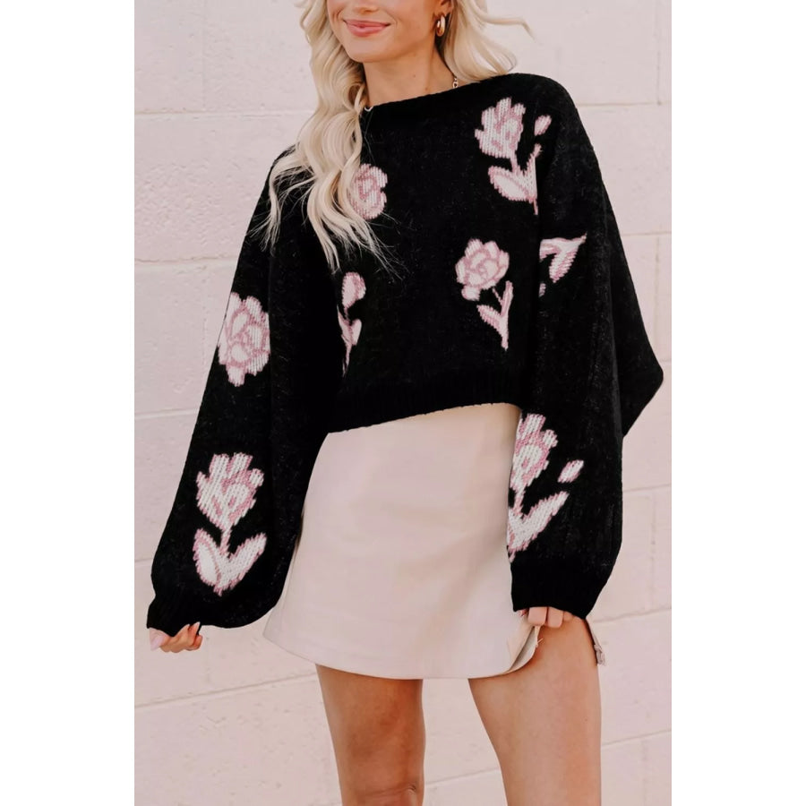 Floral Pattern Puff Sleeve Dropped Shoulder Pullover Sweater Black / S Apparel and Accessories