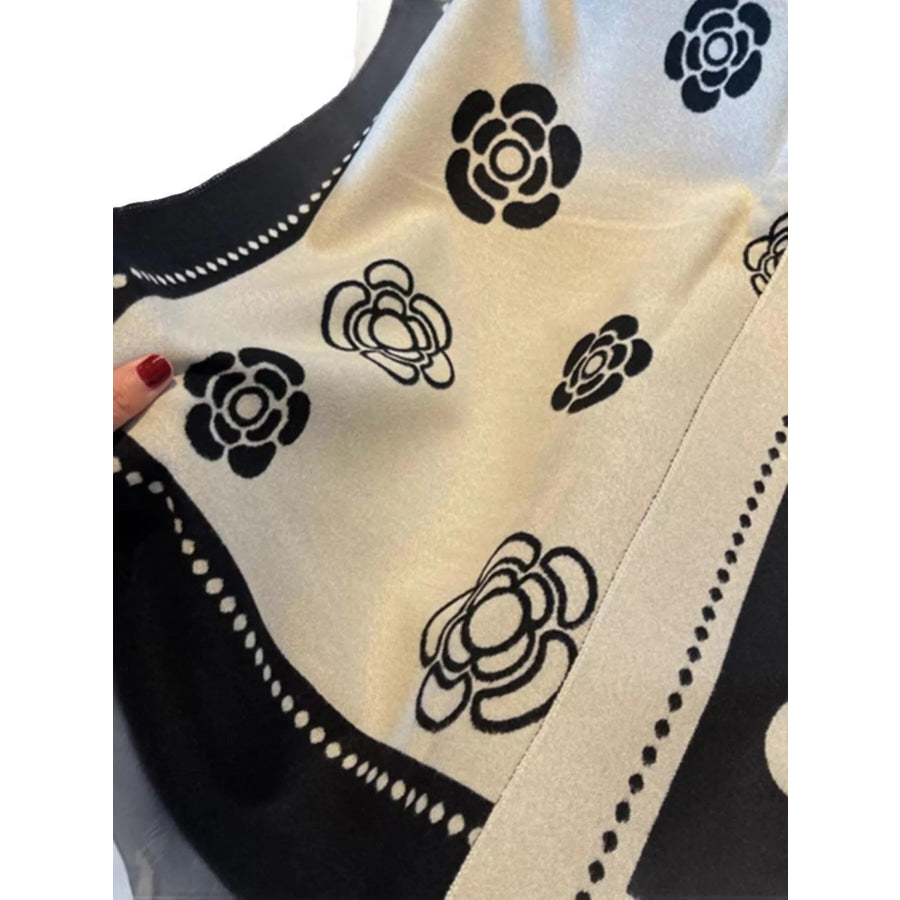 Floral Pattern Raw Hem Scarf Black / One Size Apparel and Accessories