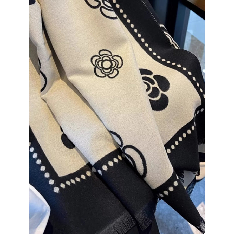 Floral Pattern Raw Hem Scarf Black / One Size Apparel and Accessories