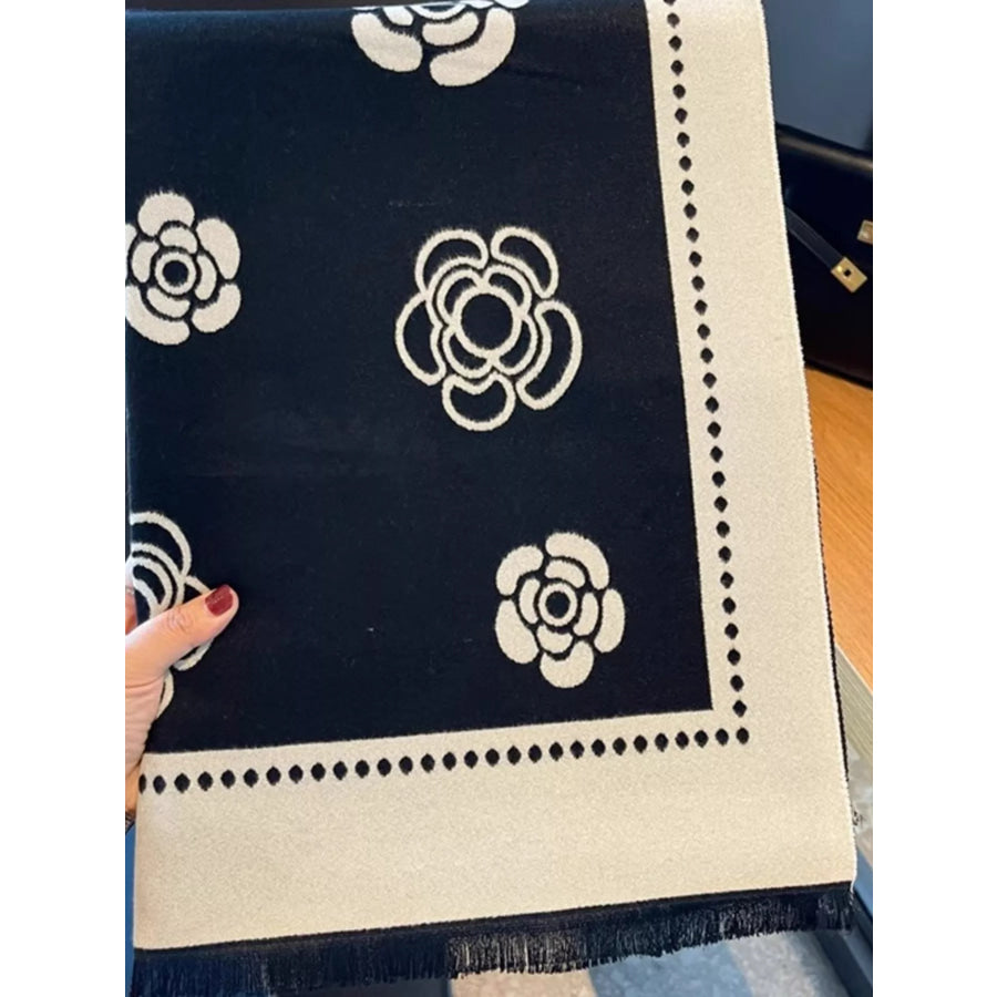 Floral Pattern Raw Hem Scarf Black / One Size Apparel and Accessories