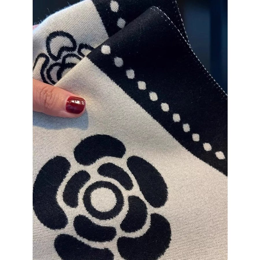 Floral Pattern Raw Hem Scarf Black / One Size Apparel and Accessories