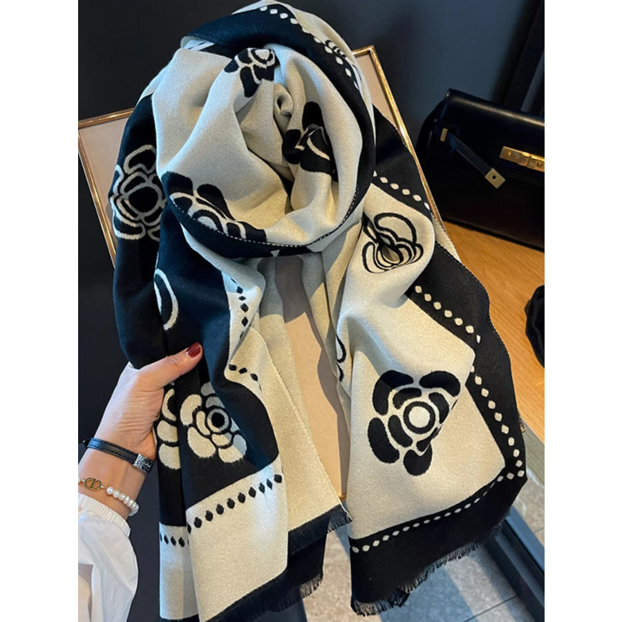 Floral Pattern Raw Hem Scarf Black / One Size Apparel and Accessories