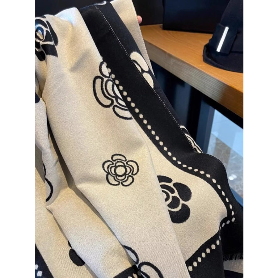 Floral Pattern Raw Hem Scarf Black / One Size Apparel and Accessories