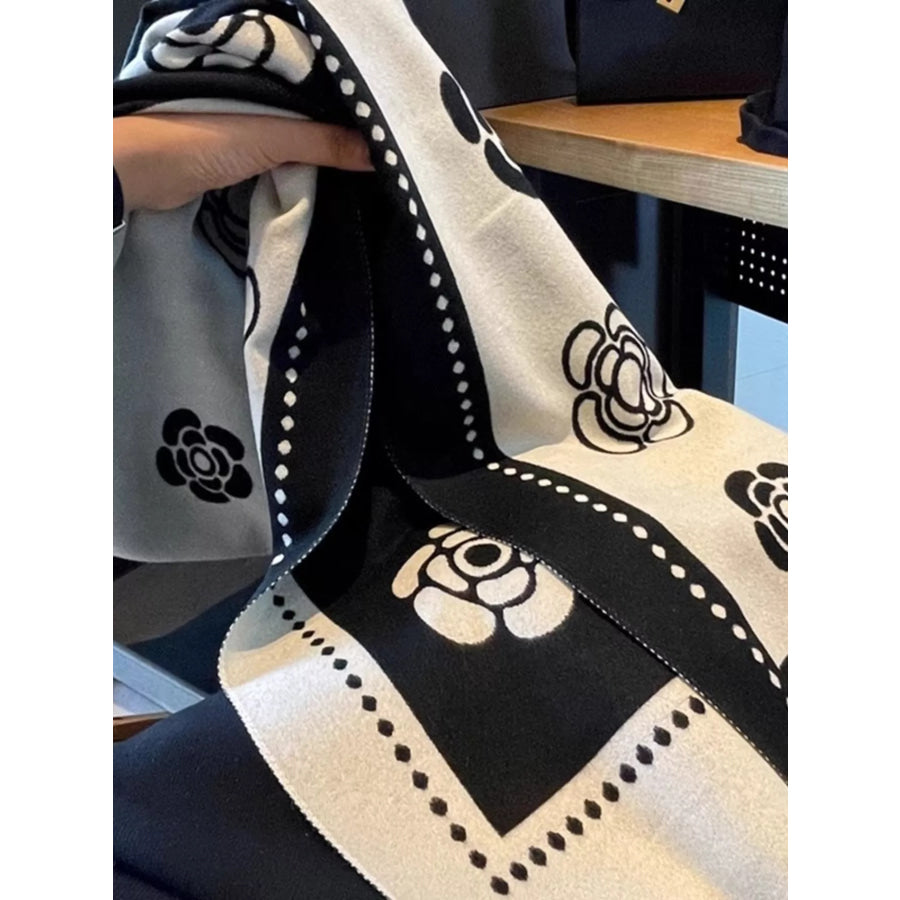 Floral Pattern Raw Hem Scarf Black / One Size Apparel and Accessories