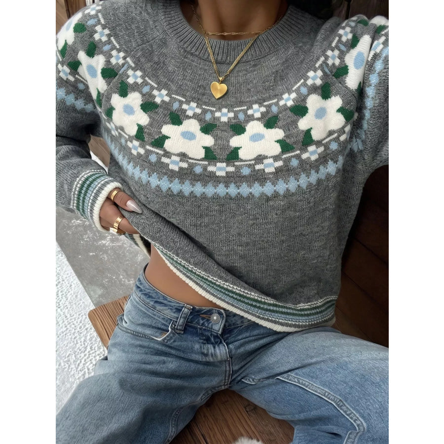 Floral Pattern Round Neck Sweater Gray / S Apparel and Accessories