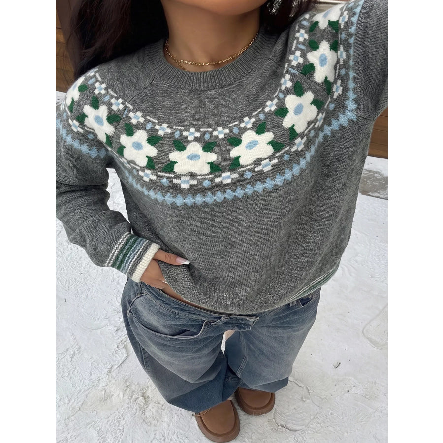 Floral Pattern Round Neck Sweater Gray / S Apparel and Accessories