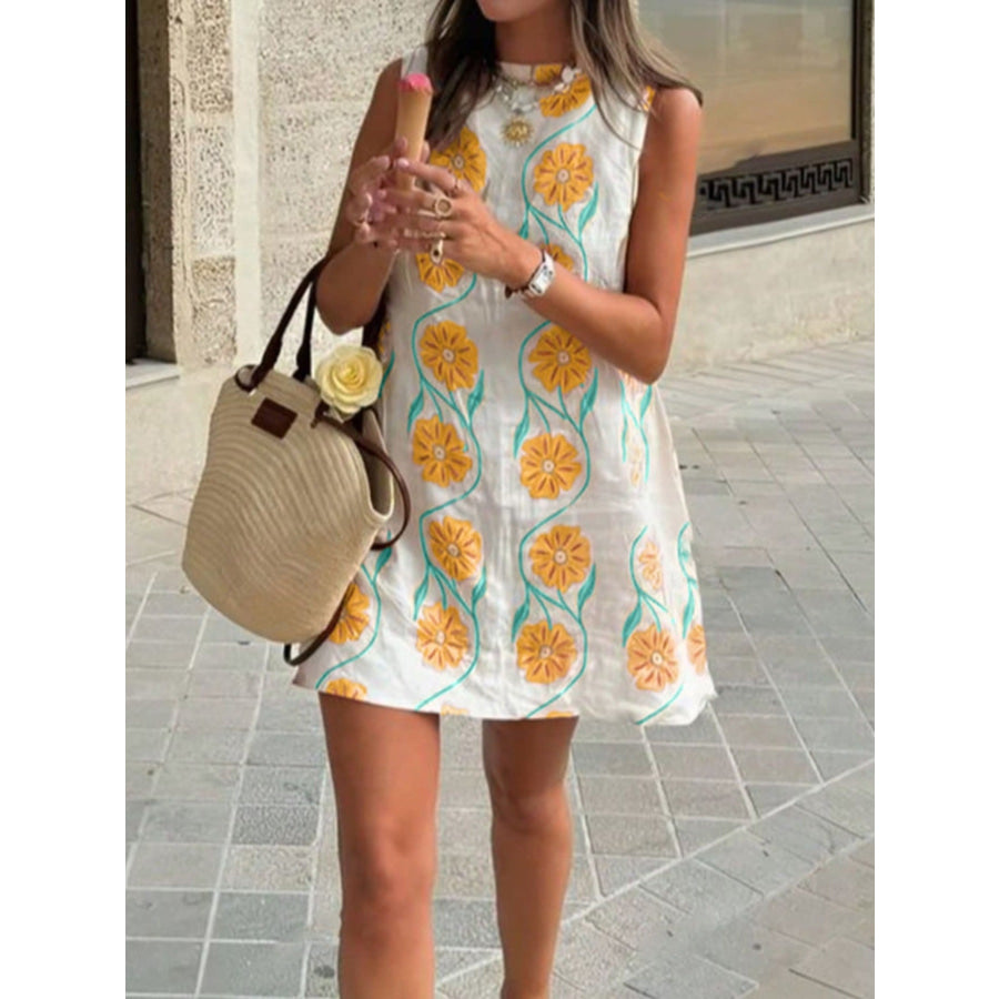 Floral Pattern Sleeveless Mini Dress Gold / S Apparel and Accessories