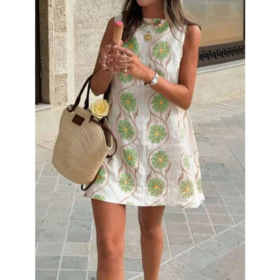 Floral Pattern Sleeveless Mini Dress Gum Leaf / S Apparel and Accessories