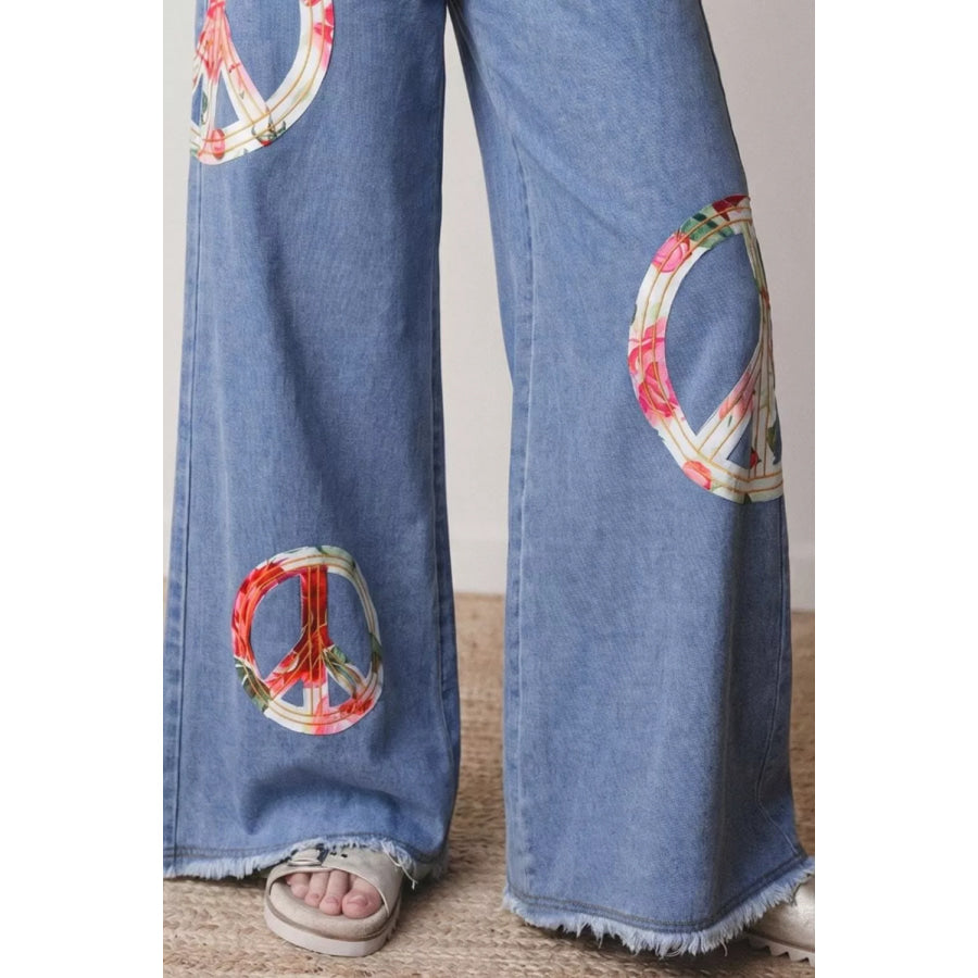 Floral Peace Sign Wide Leg Jeans Apparel and Accessories