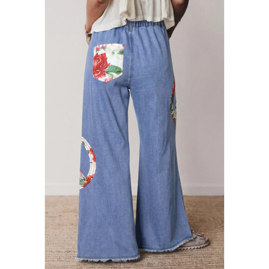 Floral Peace Sign Wide Leg Jeans Medium / 4 Apparel and Accessories