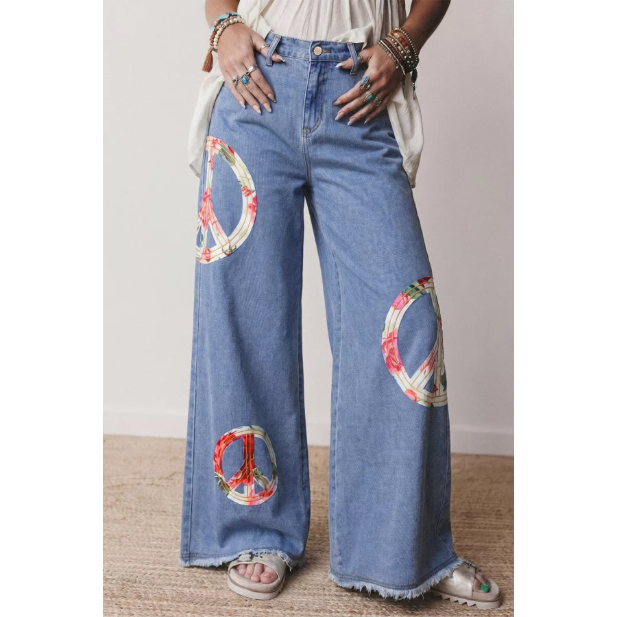 Floral Peace Sign Wide Leg Jeans Medium / 4 Apparel and Accessories