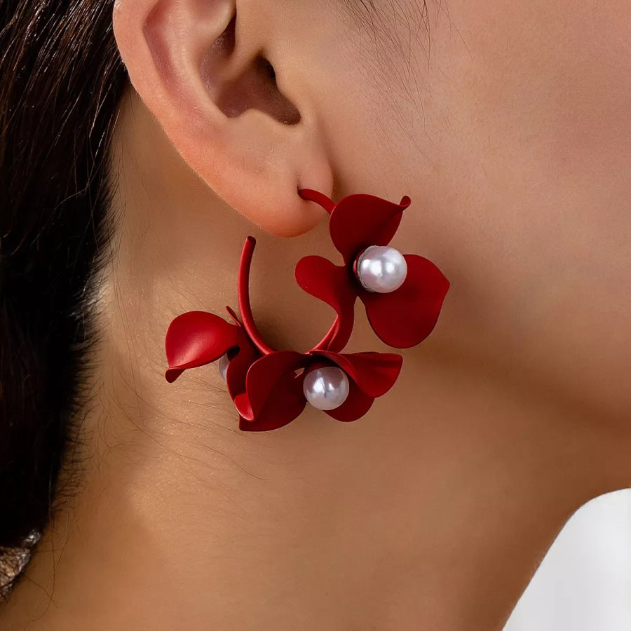 Floral Pearl Hoop Earrings Red / One Size Apparel and Accessories