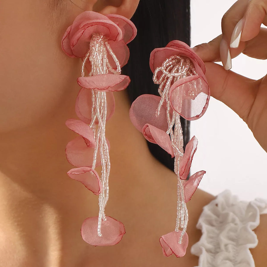 Floral Petal Beaded Tassel Drop Earrings Pink / One Size Apparel and Accessories