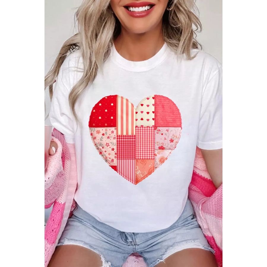 Floral Plaid Mixed Patchwork Heart-shape Graphic T Shirt Apparel and Accessories