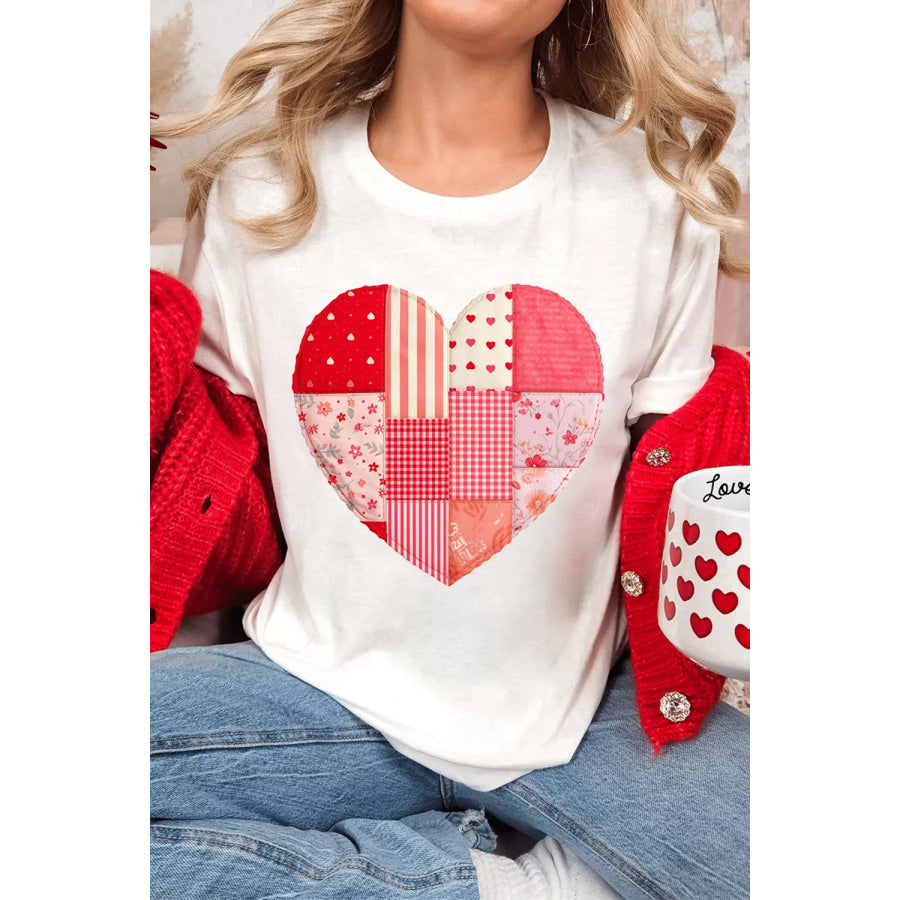 Floral Plaid Mixed Patchwork Heart-shape Graphic T Shirt Apparel and Accessories