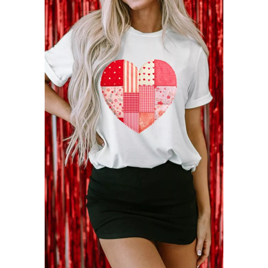 Floral Plaid Mixed Patchwork Heart-shape Graphic T Shirt White / S Apparel and Accessories
