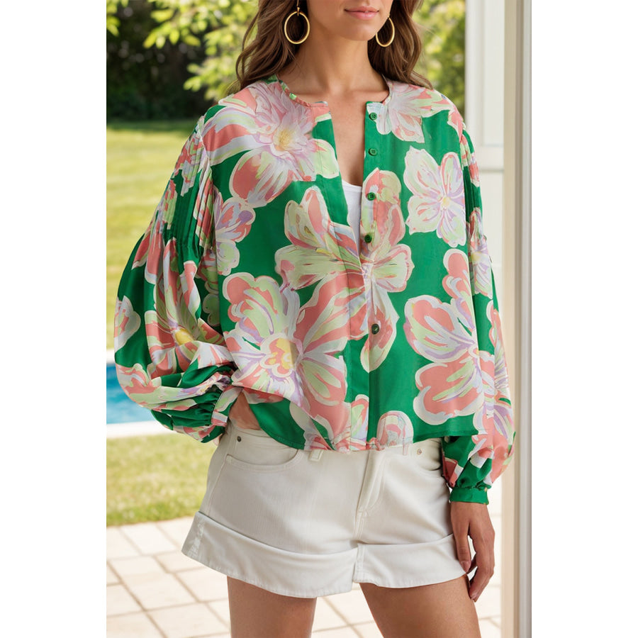 Floral Pleated Puff Sleeve Shirt Green / S Apparel and Accessories