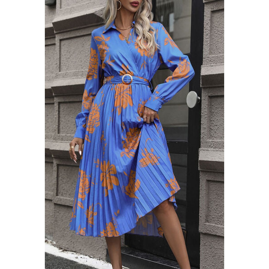 Floral Pleated Surplice Long Sleeve Midi Dress Clothing