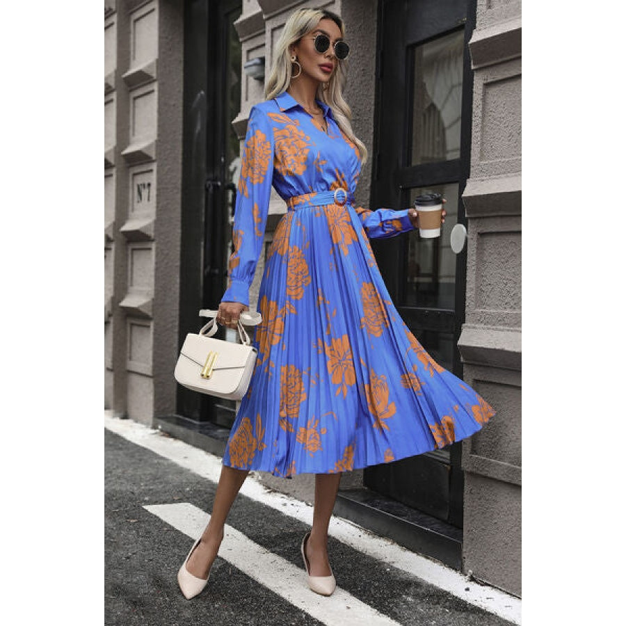 Floral Pleated Surplice Long Sleeve Midi Dress Clothing