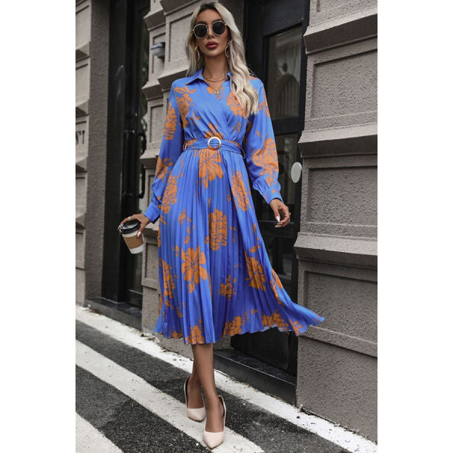 Floral Pleated Surplice Long Sleeve Midi Dress Cobalt Blue / S Clothing