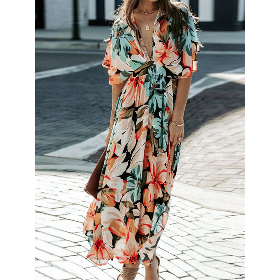 Floral Plunge Half Sleeve Dress Floral / S Apparel and Accessories