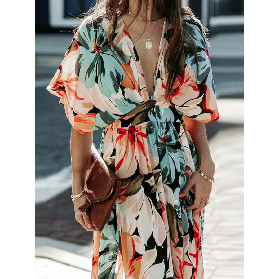 Floral Plunge Half Sleeve Dress Apparel and Accessories