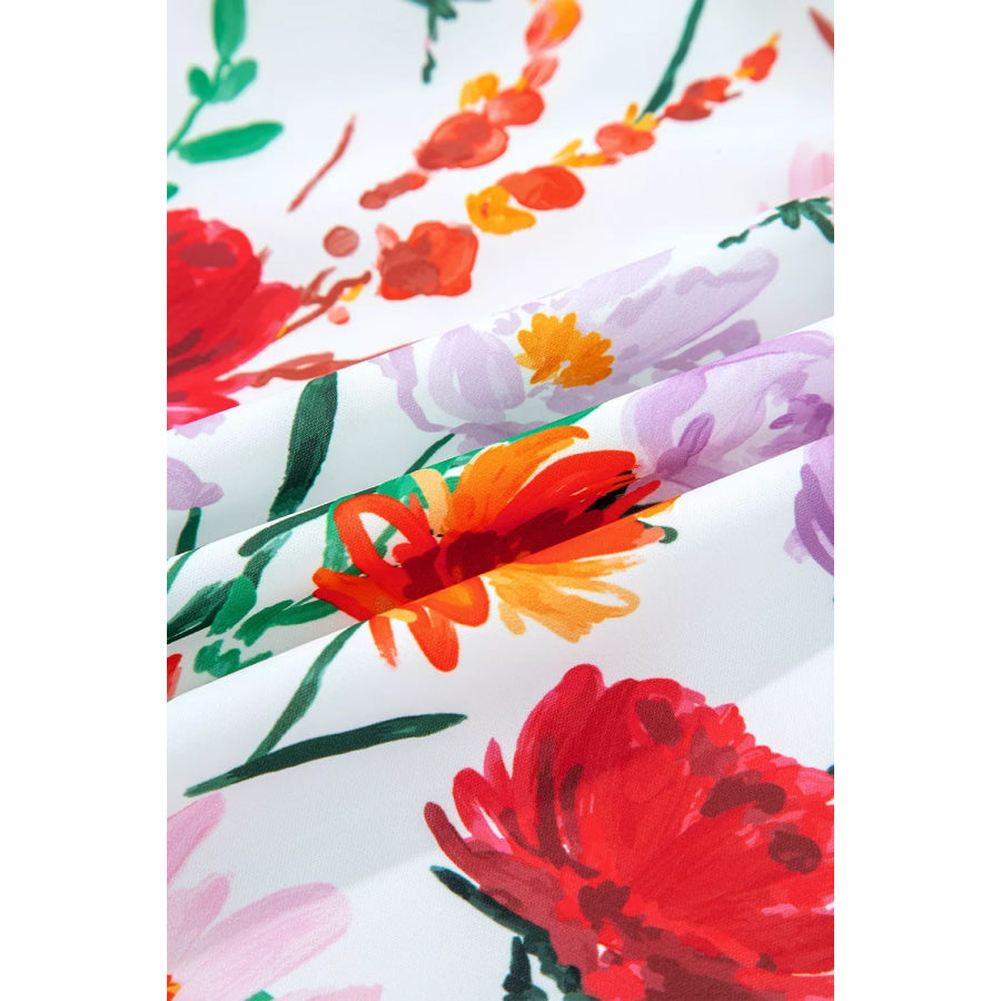 Floral Print 3/4 Puff Sleeve Ricrac Trim Mini Dress Apparel and Accessories