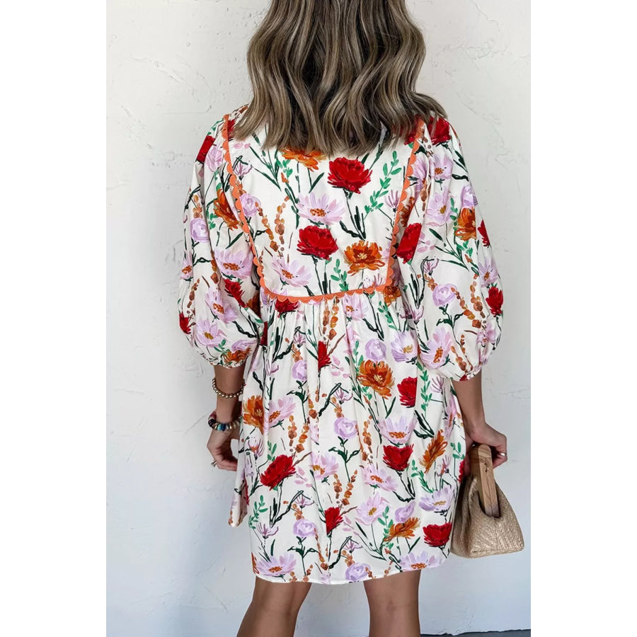 Floral Print 3/4 Puff Sleeve Ricrac Trim Mini Dress Apparel and Accessories