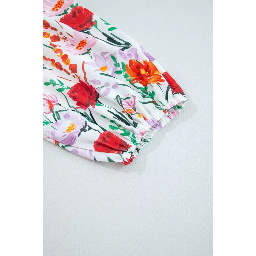 Floral Print 3/4 Puff Sleeve Ricrac Trim Mini Dress Apparel and Accessories